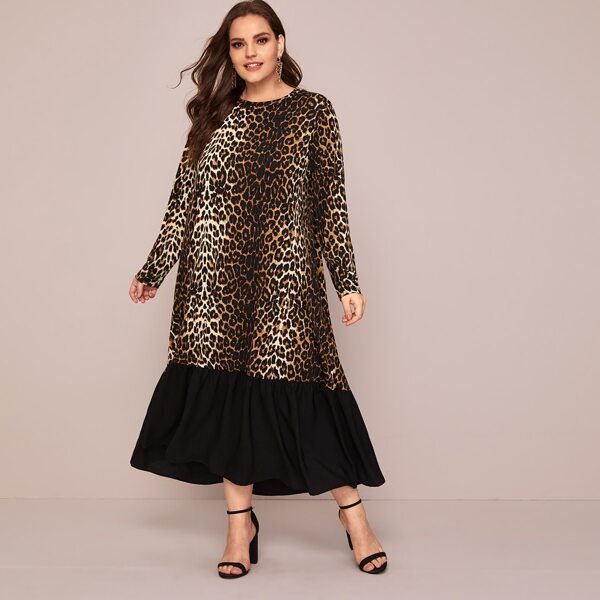

Plus Contrast Ruffle Hem Leopard Maxi Dress, Multicolor