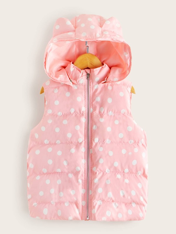 

Girls Zip Up Ear Hooded Polk-dot Vest, Pink
