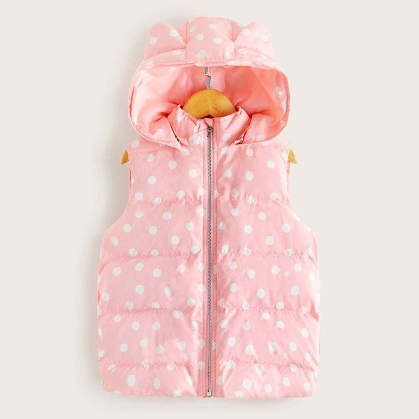 

Girls Zip Up Ear Hooded Polk-dot Vest, Pink
