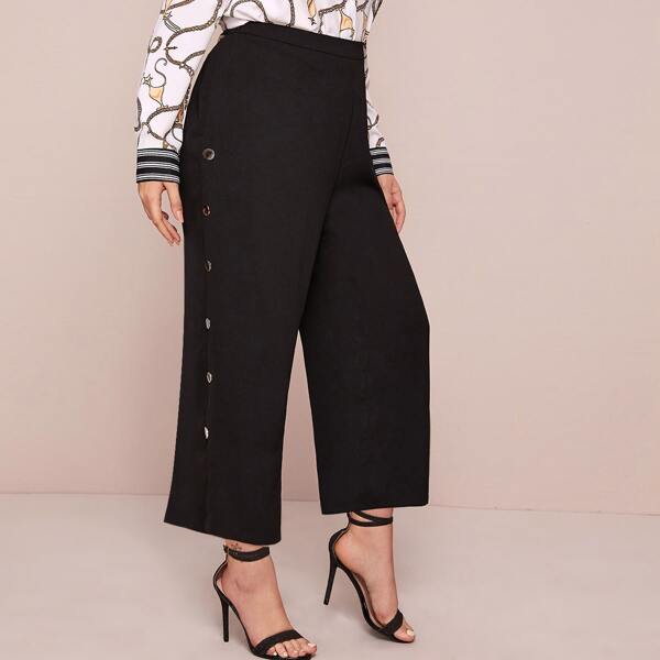 

Plus High Waist Button Side Wide Leg Pants, Black