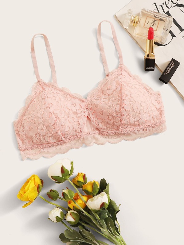 

Scallop Trim Floral Lace Bralette, Pink