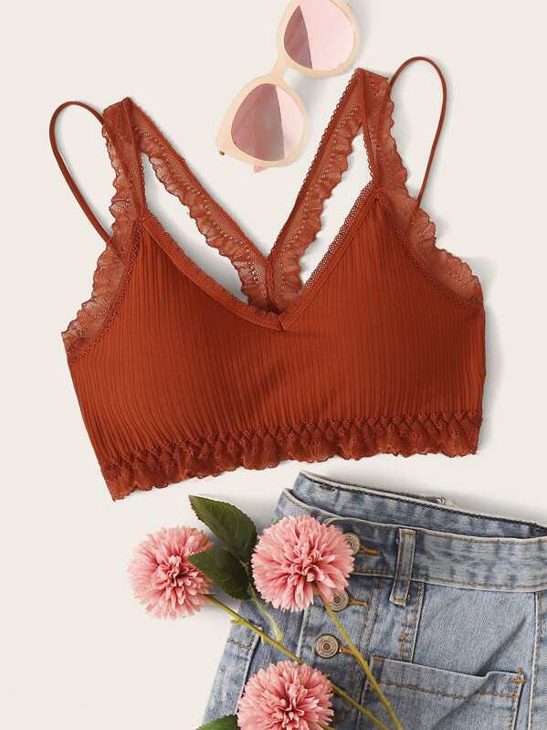 

Lace Trim Ribbed Bralette, Red