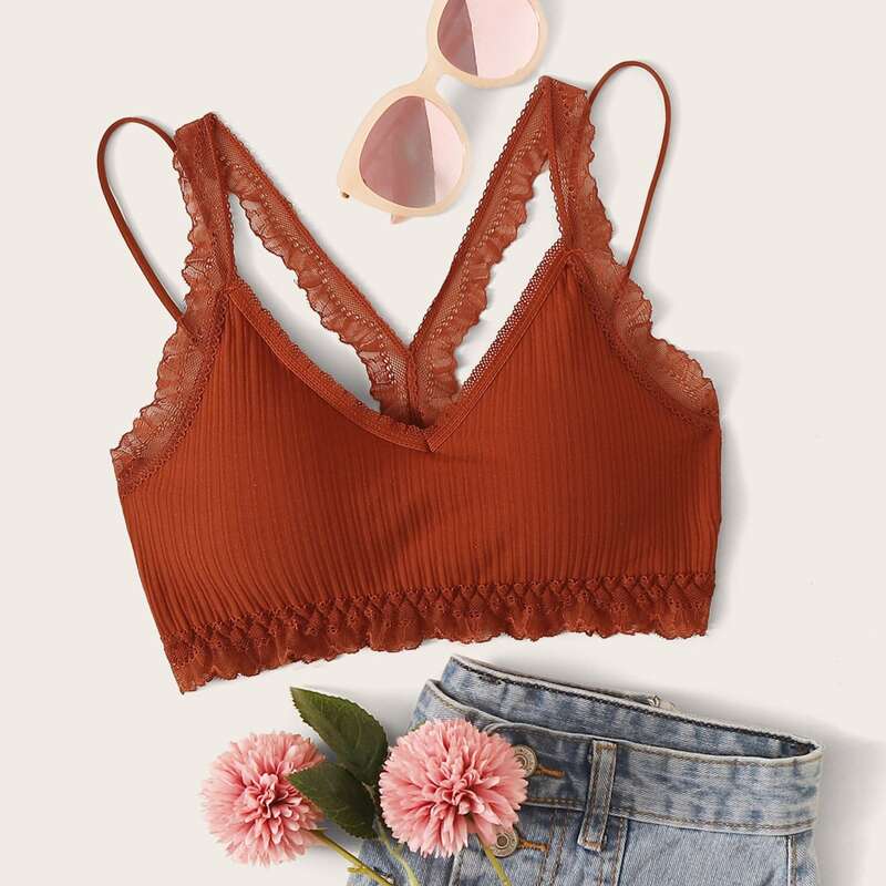 

Lace Trim Ribbed Bralette, Red
