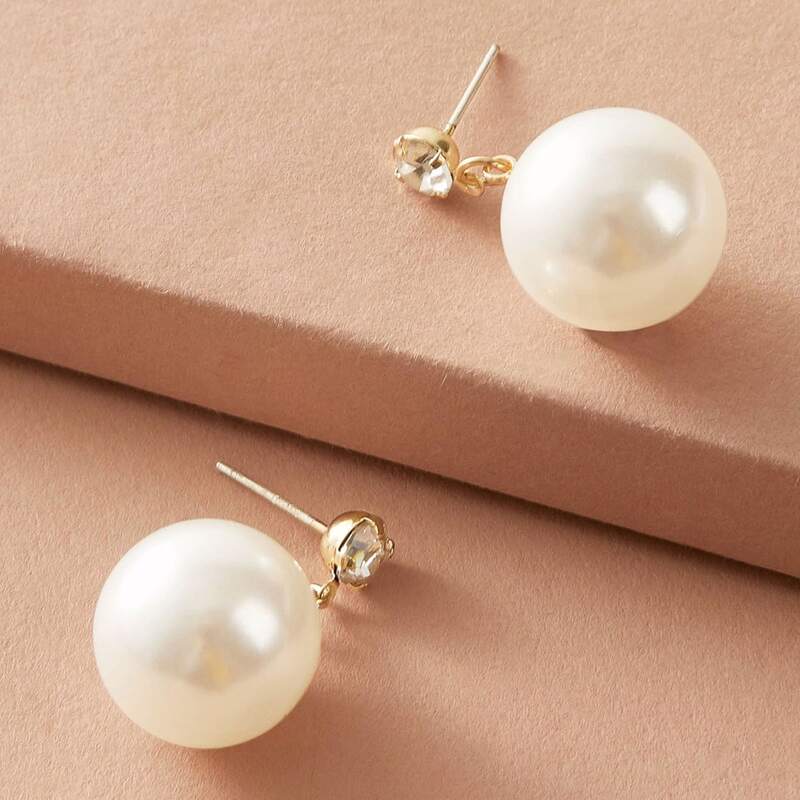 

1pair Rhinestone Decor Faux Pearl Drop Earrings, White