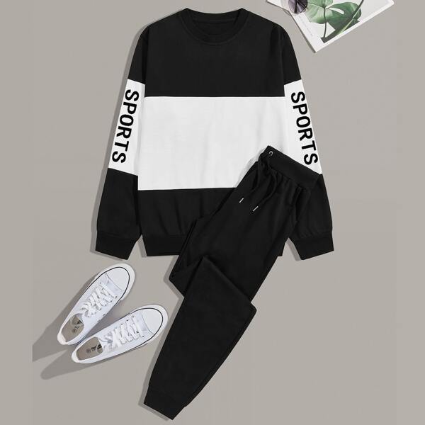 

Men Two Tone Sweatshirt & Drawstring Sweatpants, Black and white