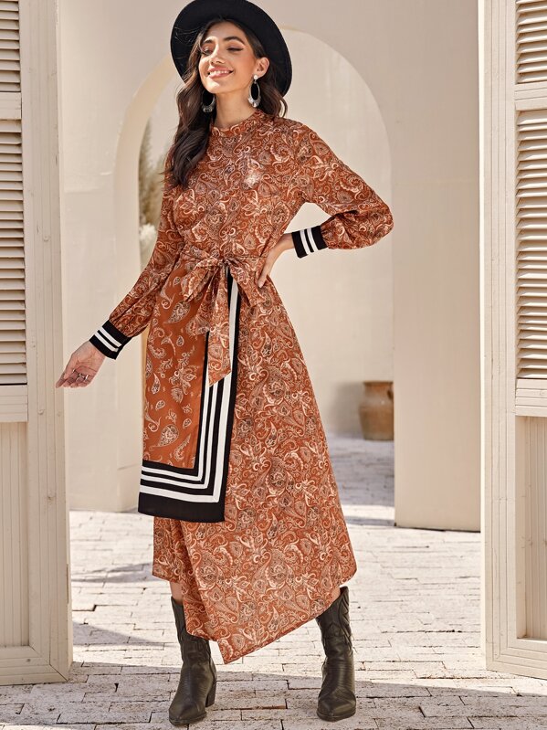 

Tribal & Striped Print Belted Dress, Multicolor, JULIAk