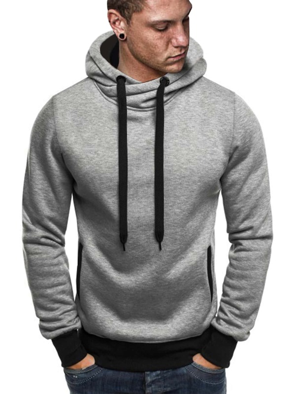 

Men Contrast Binding Drawstring Hoodie, Grey
