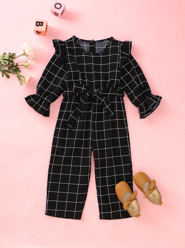 

Toddler Girls Ruffle Trim Belted Plaid Jumpsuit, Black, Sofia B