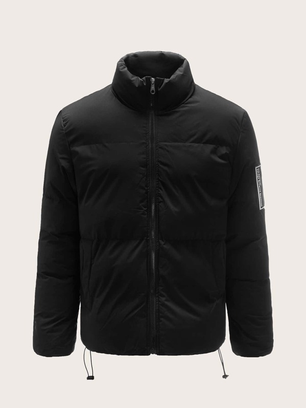 

Men Letter Patched Drawstring Puffer Coat, Black