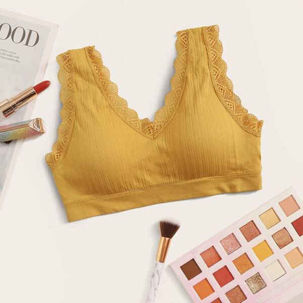 

Lace Trim Ribbed Bralette, Yellow