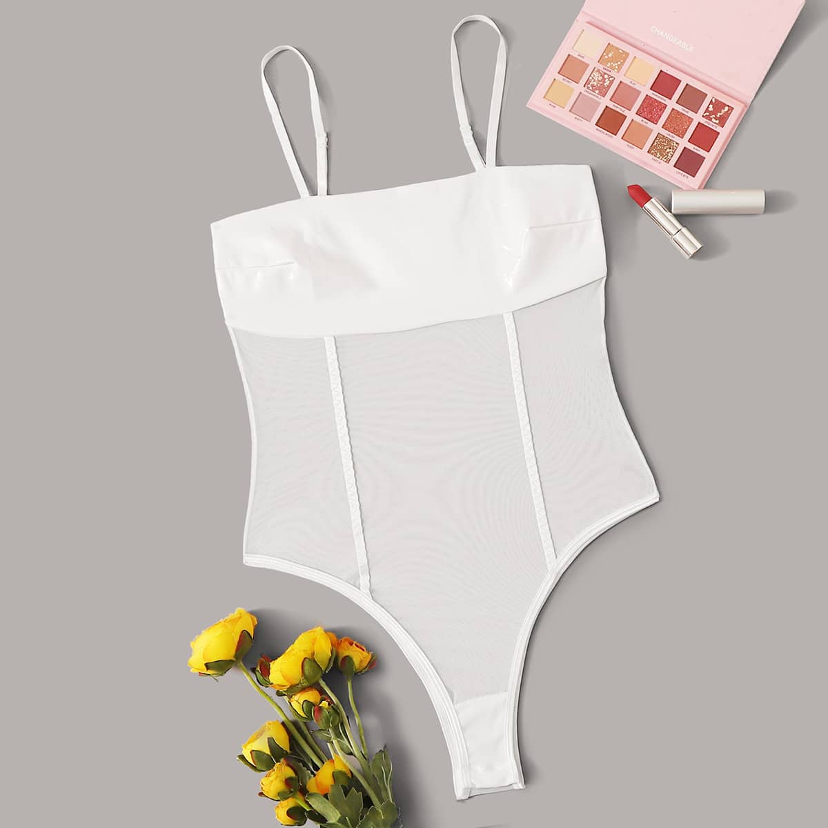 

Contrast Mesh Sheer Teddy Bodysuit, White