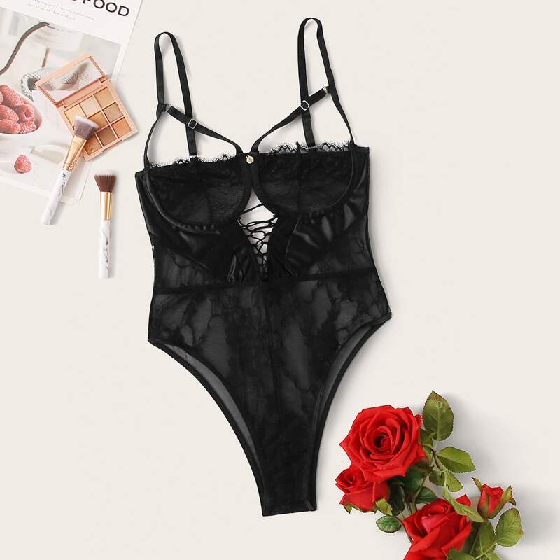 

Lace-up Front Harness Sheer Teddy Bodysuit, Black