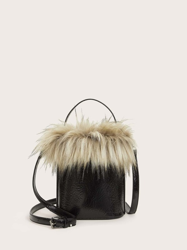 

Contrast Faux Fur Satchel Bag, Black