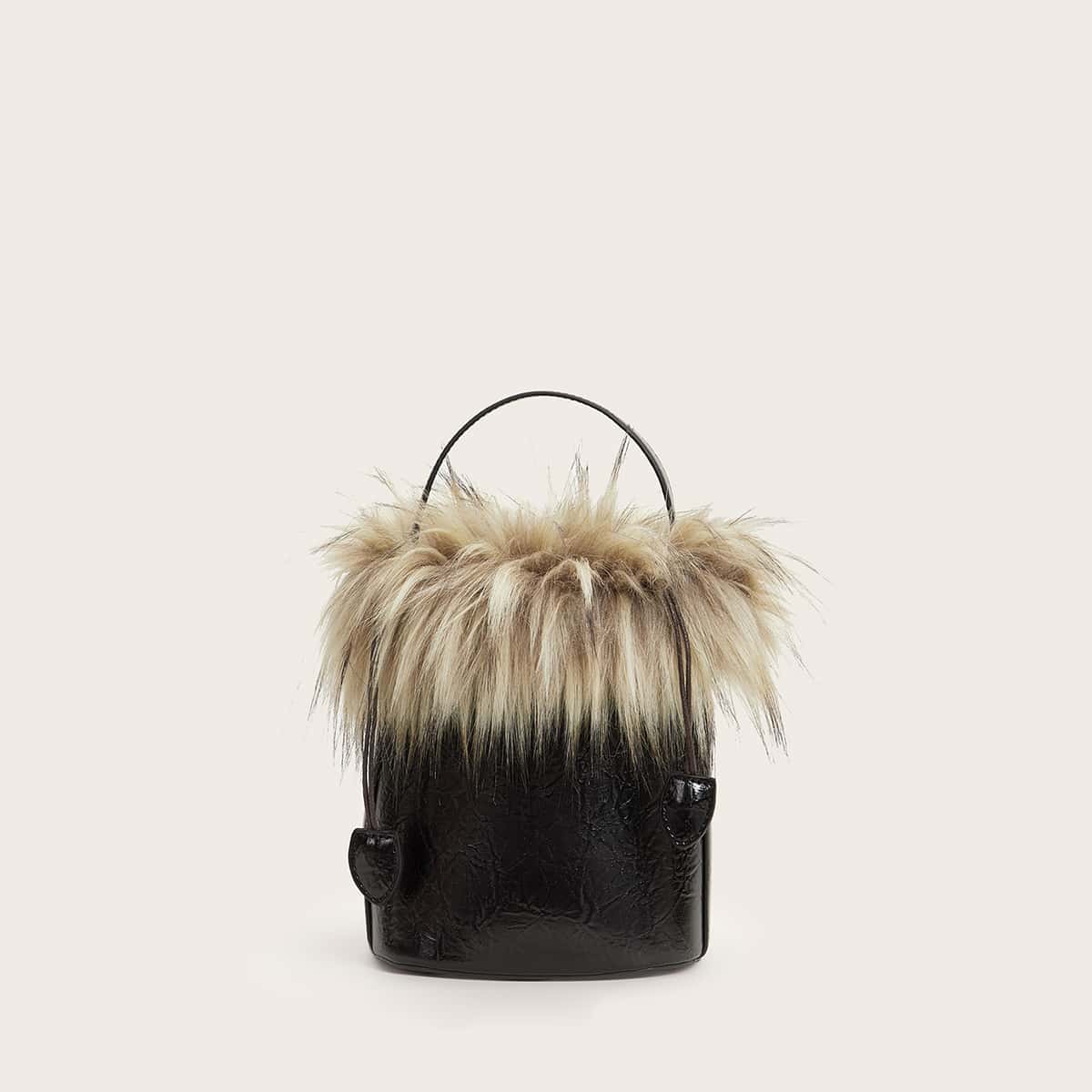

Contrast Faux Fur Satchel Bag, Black