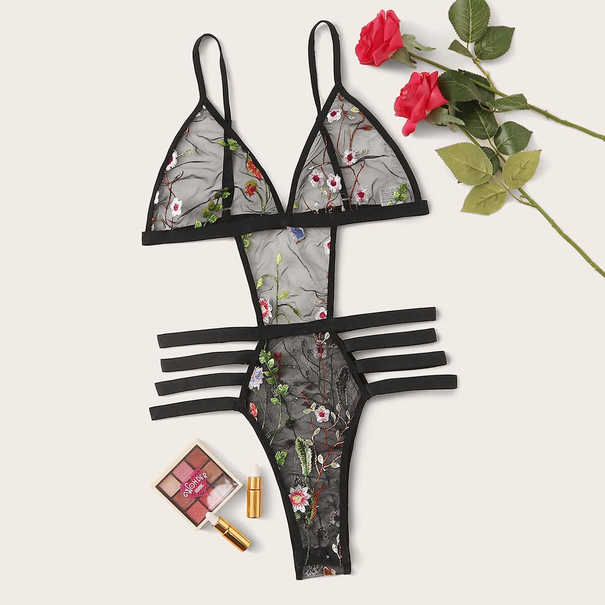

Floral Embroidery Mesh Cut-out Teddy Bodysuit, Black