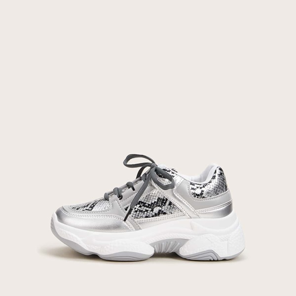 

Metallic Snakeskin Print Lace-up Front Chunky Sneakers, Silver