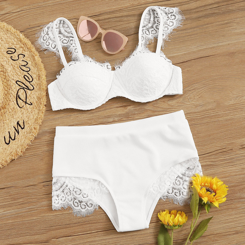 

Contrast Lace Underwire Top With High Waist Bikini Set, White