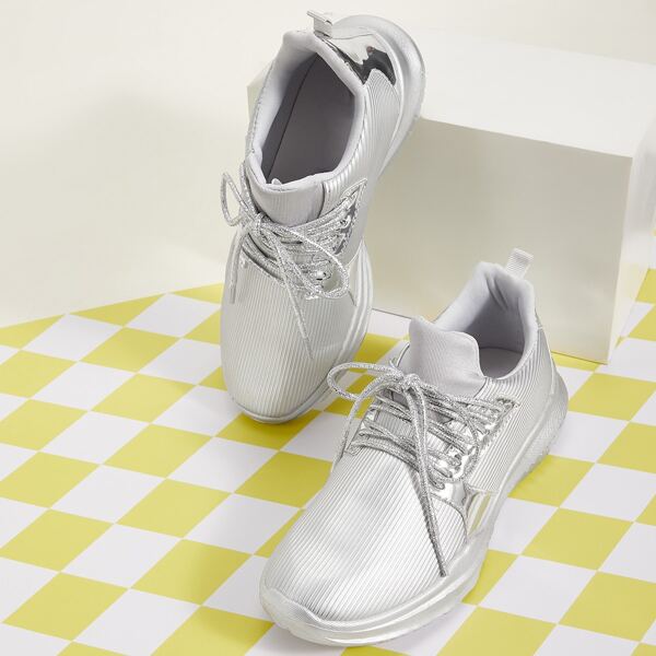 

Metallic Lace-up Front Sneakers, Silver