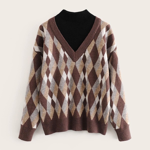 

Contrast Collar Geo Pattern Sweater, Multicolor