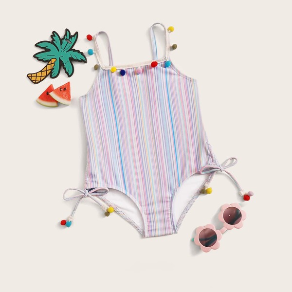 

Toddler Girls Multi-color Striped Tie Side One Piece Swimwear, Multicolor