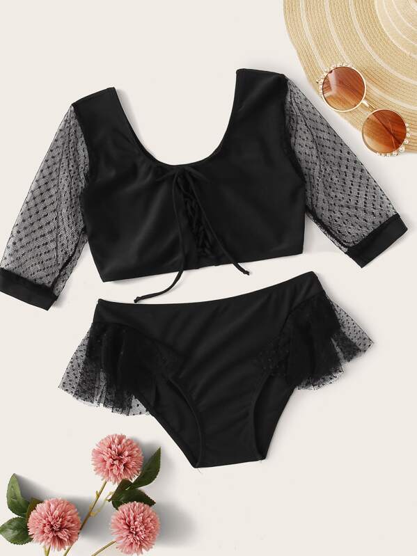 

Girls Contrast Mesh Long Sleeve Top With High Waist Bikini Set, Black