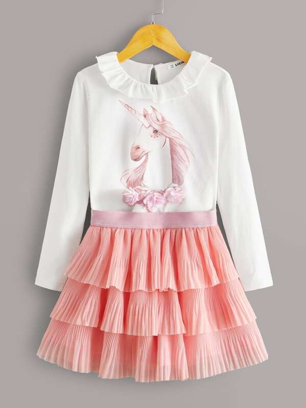 

Girls Unicorn Print Appliques Tee & Layered Ruffle Skirt Set, Multicolor