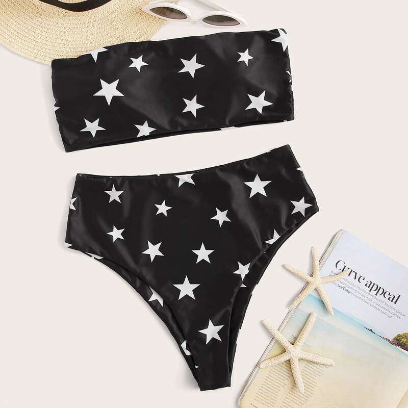 

Star Random Print Bandeau High Waisted Bikini Swimsuit, Black