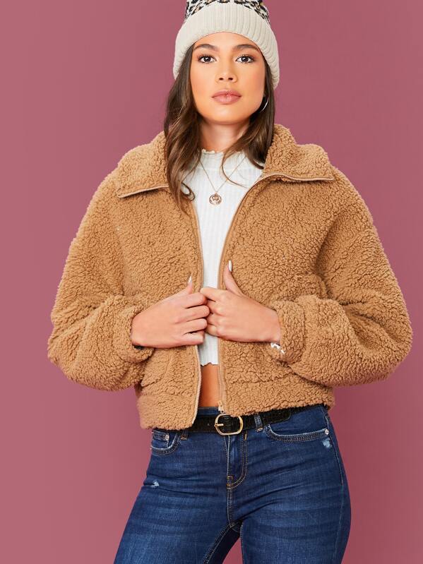 

Zip Up Solid Teddy Jacket, Camel, Julia Peres