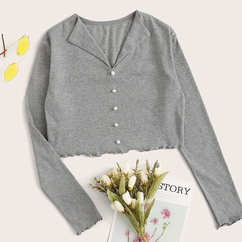 

Solid Button Front Lettuce Trim Crop Tee, Grey