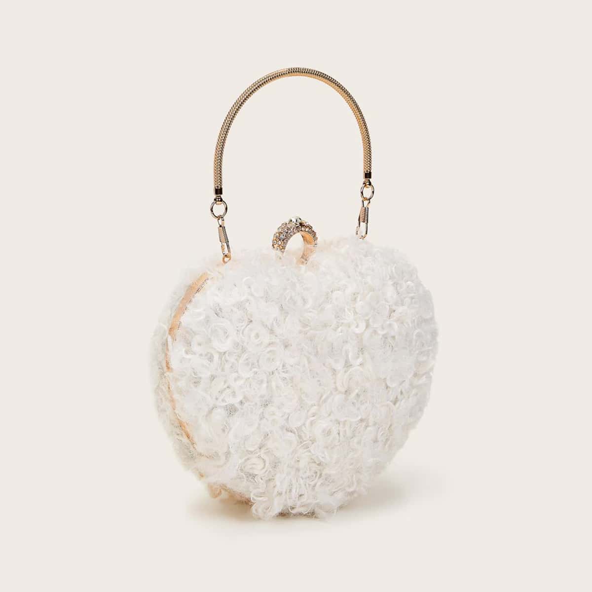 

Heart Shaped Rhinestone Decor Fluffy Satchel Bag, White