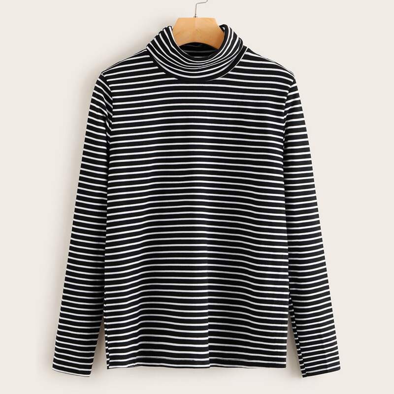 

Striped High Neck Long Sleeve Tee, Black and white