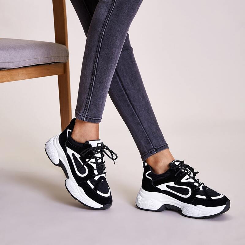

Two Tone Lace-up Front Chunky Sneakers, Black