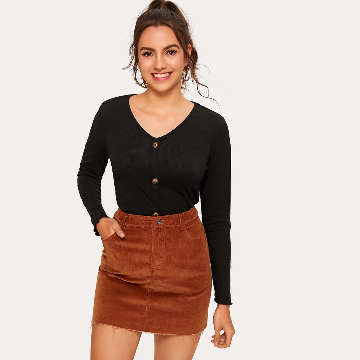 

Button Front Rib-knit V-neck Tee, Black