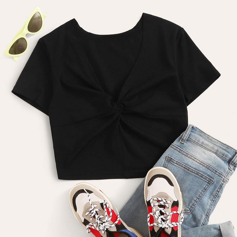 

Twist Front V-neck Solid Tee, Black