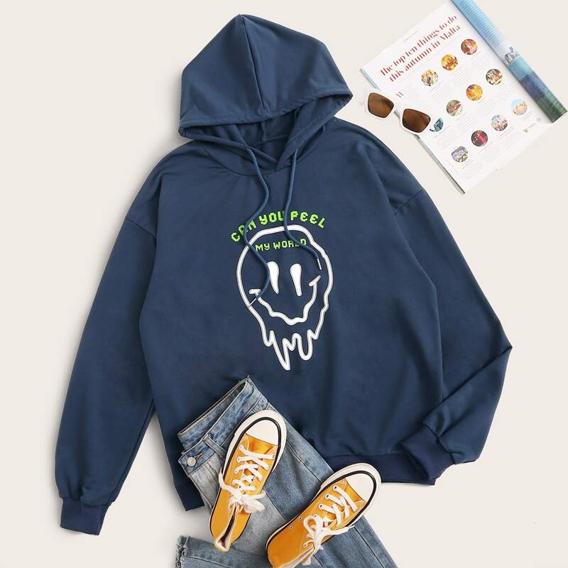 

Halloween Ghost & Slogan Graphic Drawstring Hoodie, Blue