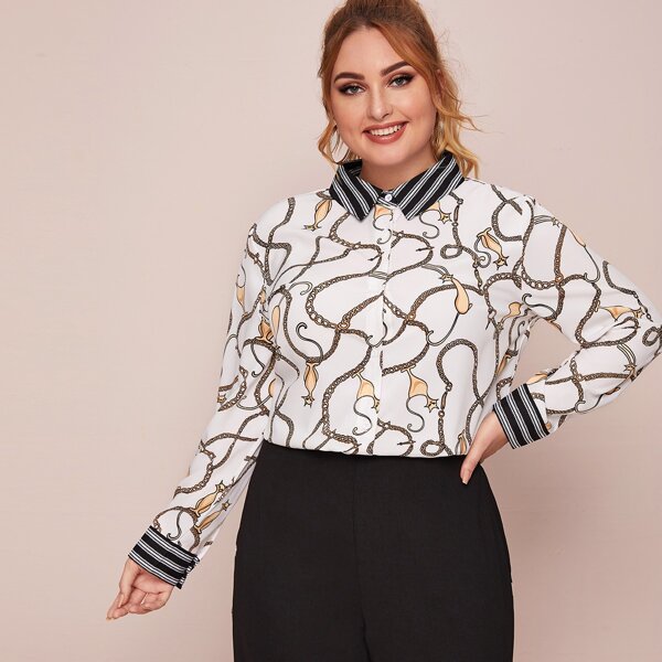 

Plus Contrast Striped Collar and Cuff Chain Print Blouse, White