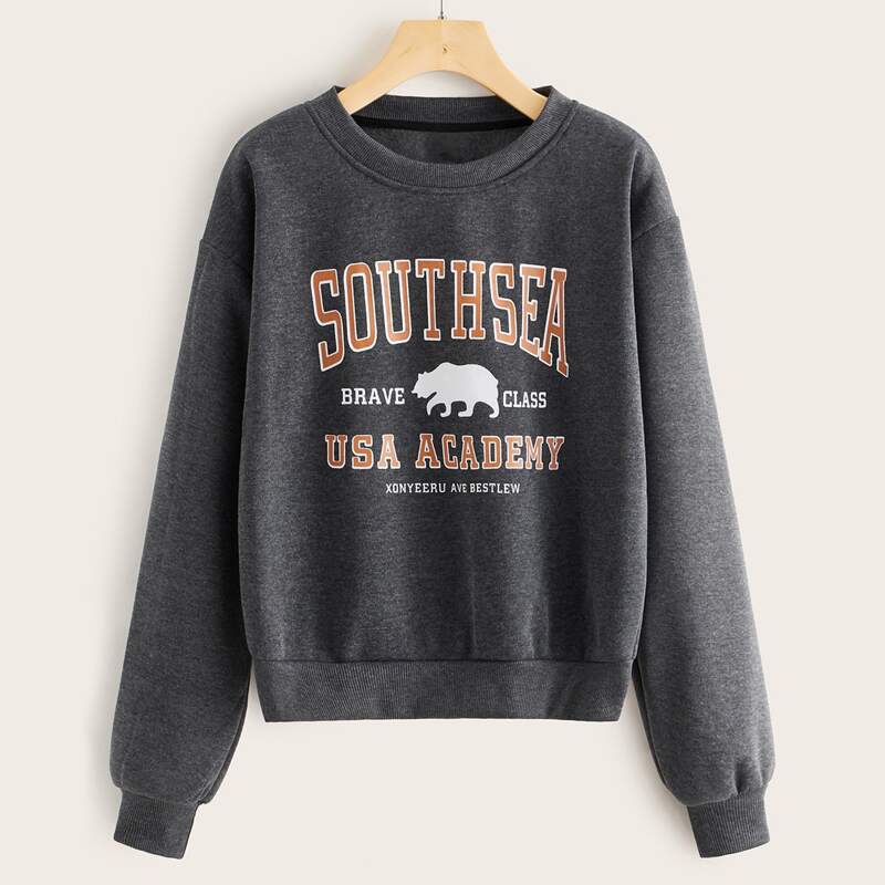 

Bear And Letter Graphic Sweatshirt, Grey