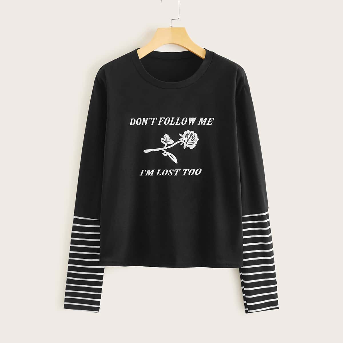 

2 In 1 Rose & Slogan Graphic Tee, Black