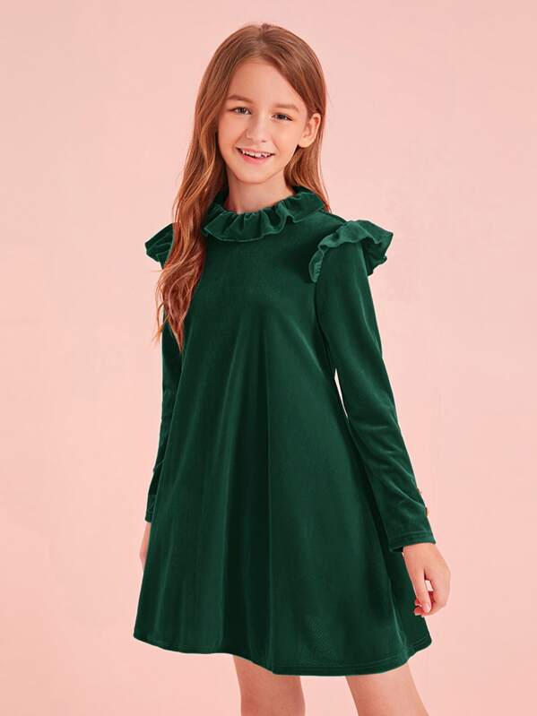 

Girls Keyhole Back Ruffle Trim Velvet Dress, Green, Sashab