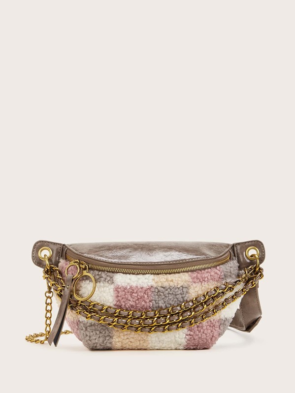 

Faux Shearling Plaid Fanny Pack, Multicolor