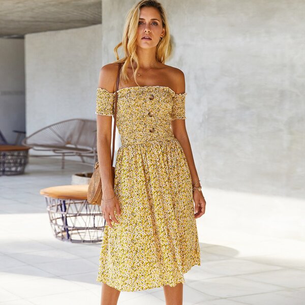 

Ditsy Floral Off-the-Shoulder Smocked Dress, Yellow