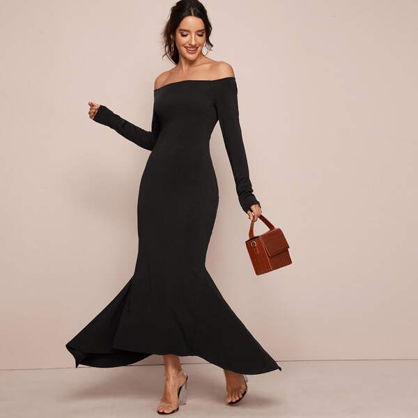 

Off Shoulder Asymmetrical Hem Form Fitted Dress, Black