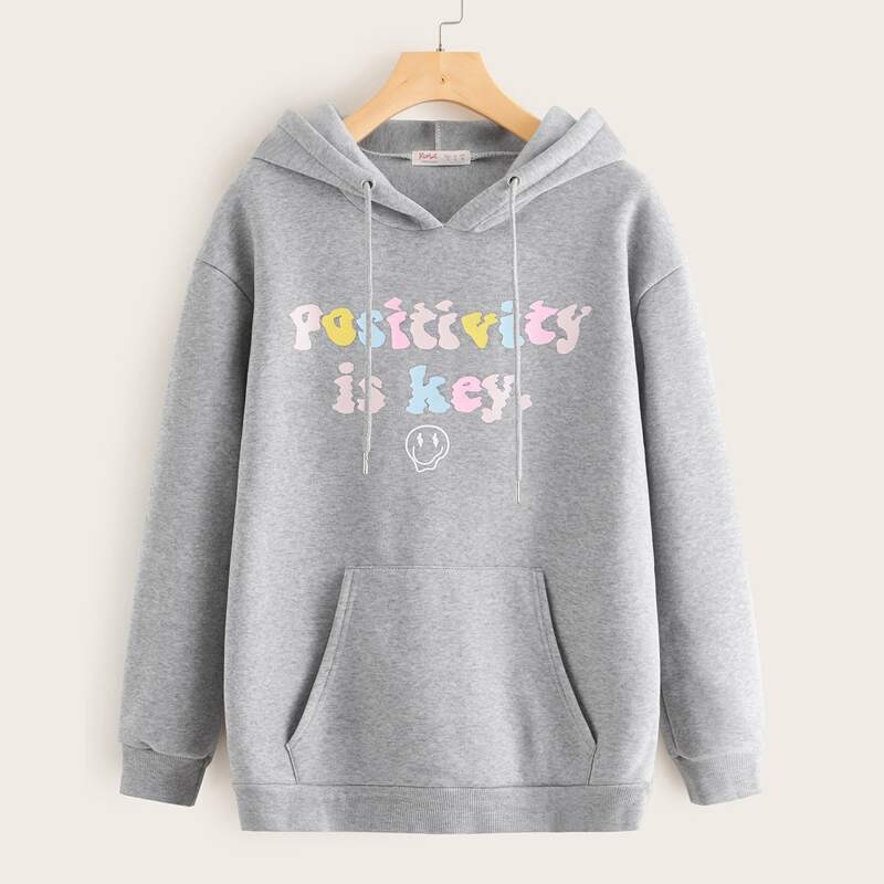 

Slogan Graphic Kangaroo Pocket Drawstring Hoodie, Grey