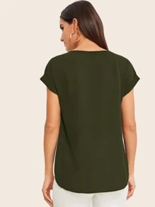 SHEIN LUNE Rolled Cuff High Low Hem Top - Army Green - View 2