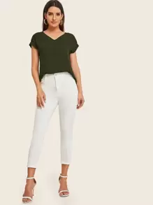 SHEIN LUNE Rolled Cuff High Low Hem Top - Army Green - View 3