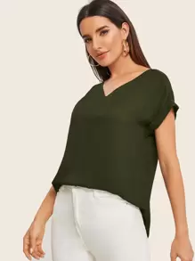 SHEIN LUNE Rolled Cuff High Low Hem Top - Army Green - View 4