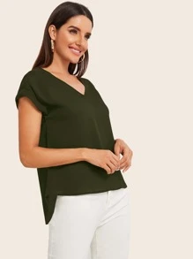 SHEIN LUNE Rolled Cuff High Low Hem Top - Army Green - View 5
