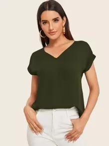 SHEIN LUNE Rolled Cuff High Low Hem Top - Army Green - View 1