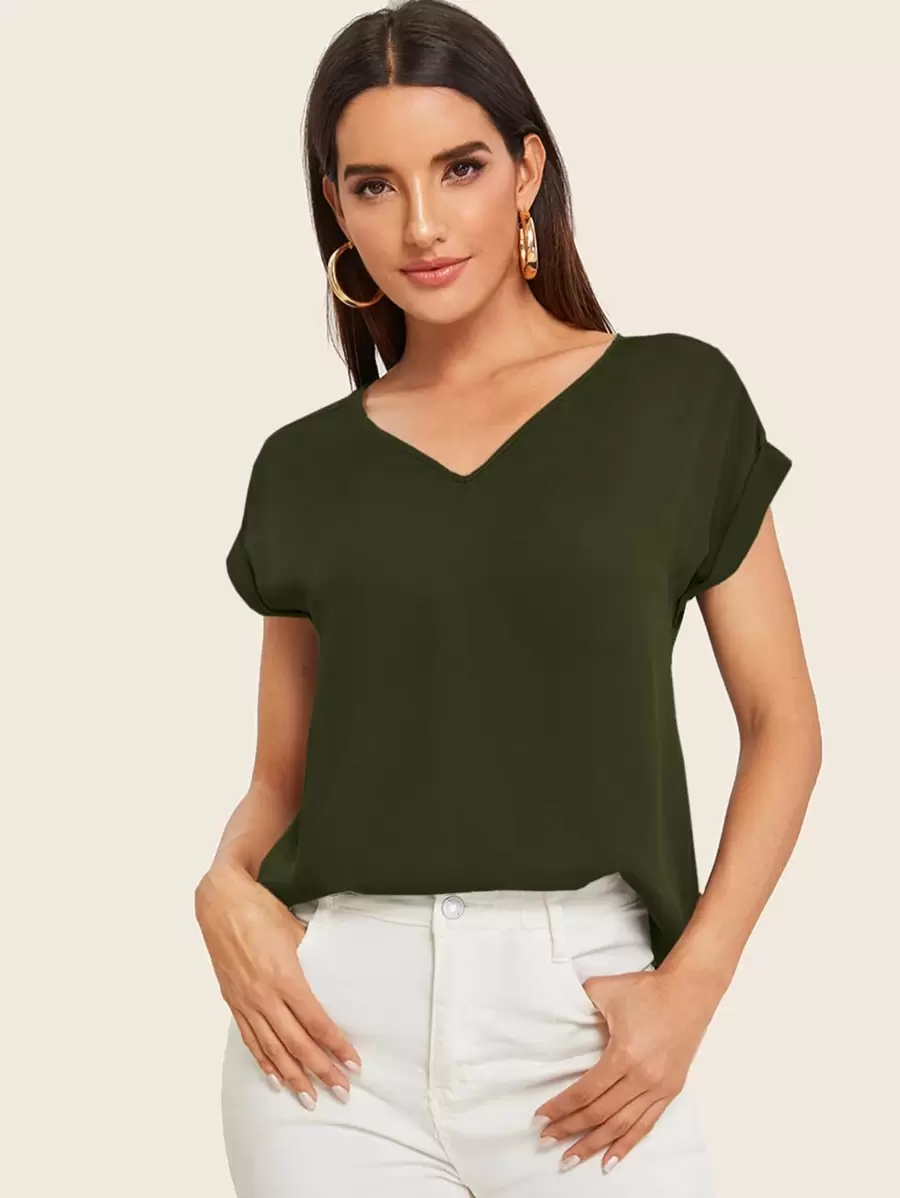 SHEIN LUNE Rolled Cuff High Low Hem Top - Army Green - View 1