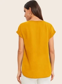 SHEIN LUNE Rolled Cuff High Low Hem Top - Mustard Yellow - View 2